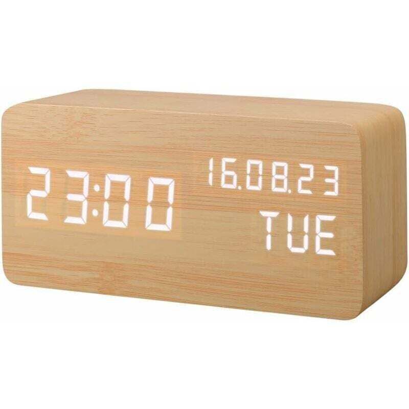 Künstlicher LED-Wecker aus Holz mit Digitalanzeige, XU-Funktion, Ton, Temperatur-, Feuchtigkeits-, Kalender-, Helligkeits-, Batterie- und