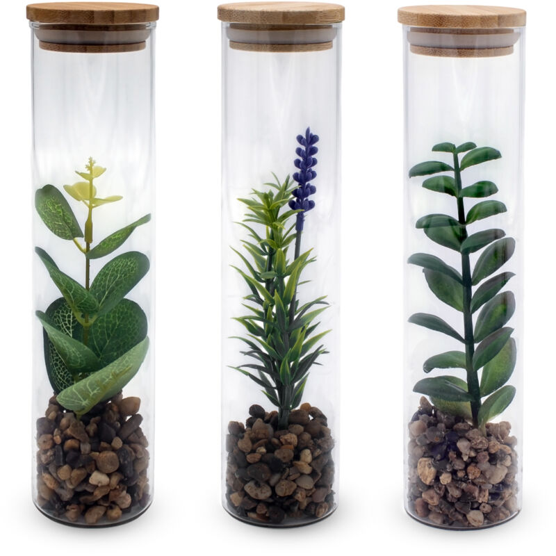 Spetebo - Kunstpflanze in Glasvase ca. 20 cm - 3er Set - Sukkulenten im Glas mit Holzdeckel - Tisch Deko Zimmer Pflanze in Vase Set künstlich