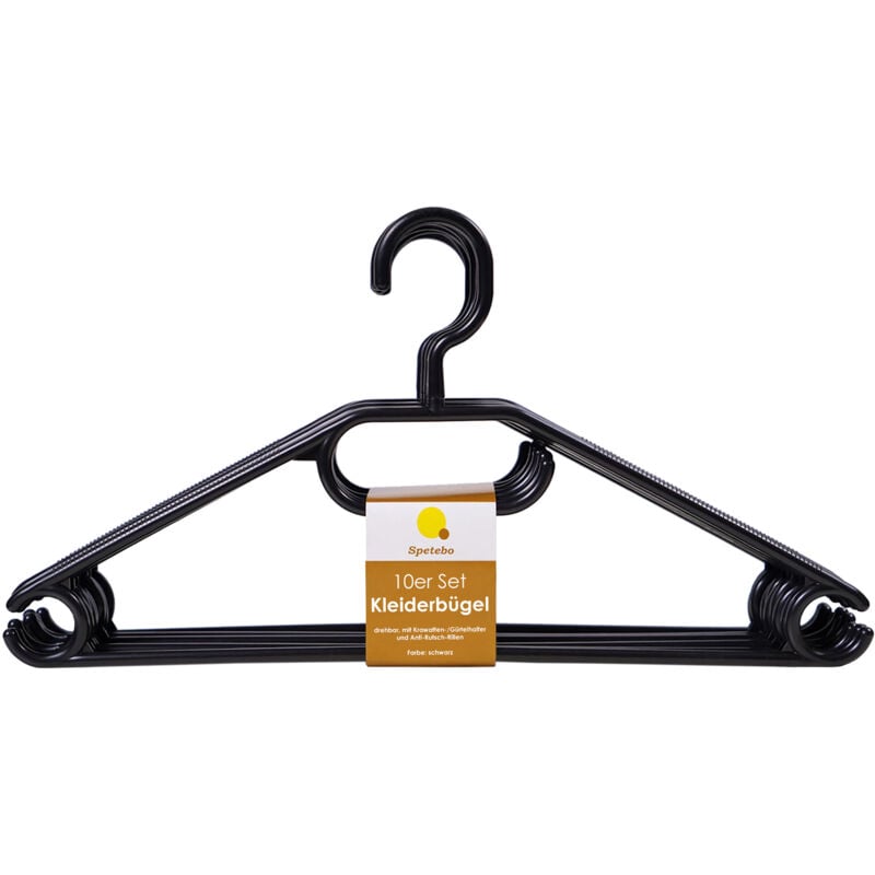 Spetebo - Kunststoff Kleiderbügel mit Hosenstange - schwarz / 10er Pack - Bügel für Jacken Hemanden Blusen mit Kawatten und Gürtel Halter