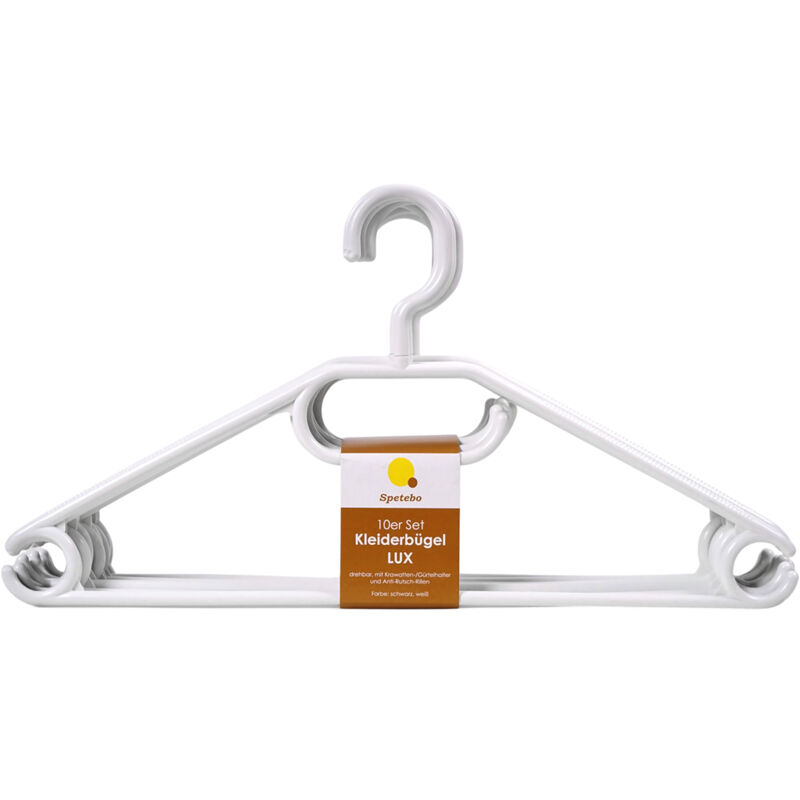 Spetebo - Kunststoff Kleiderbügel mit Hosenstange - weiß / 10er Pack - Bügel für Jacken Hemanden Blusen mit Kawatten und Gürtel Halter