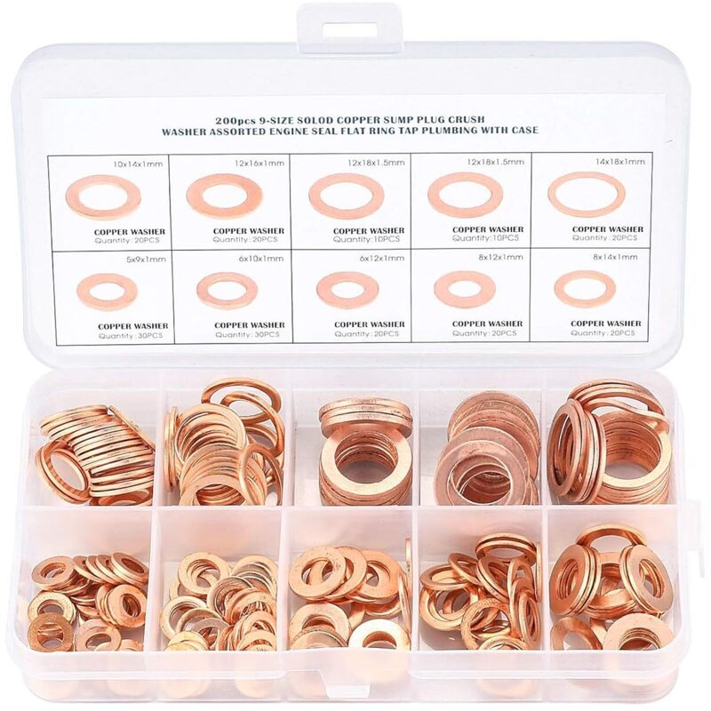 Mereteet - Kupfermetallscheiben, Dichtungsringe, Flachscheiben, O-Ringe mit Box zum Abdichten - 200 Stück/M5 M6 M8 M10 M12 M14