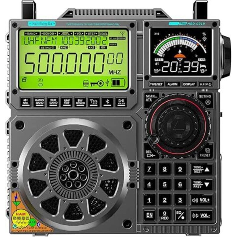Kurzwellenradio HanRongDa C919, Full Band Empfänger mit SSB, FM/MW/SW/USB/LSB/LW/VHF/UHF/AIR/CB/WB mit Dual Display und APP Steuerung, 20W Bluetooth