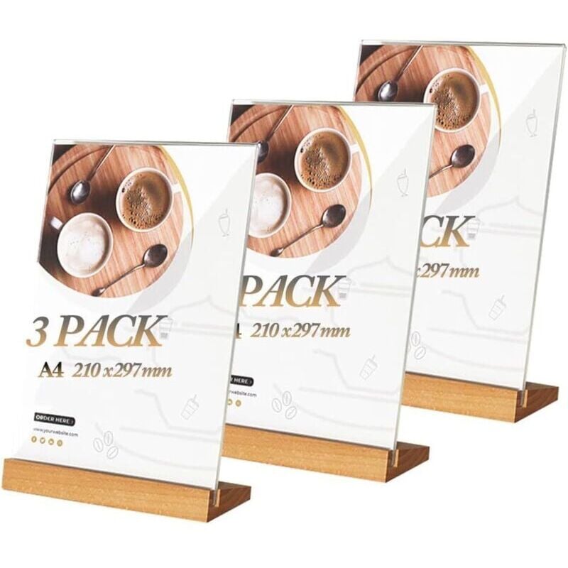 A4 Tischdisplay (3 Stück) - Holzsockel - A4 Menühalter - Klares Acryl - A4 Posterhalter, Menüs, Hotel, Schule - KZQ