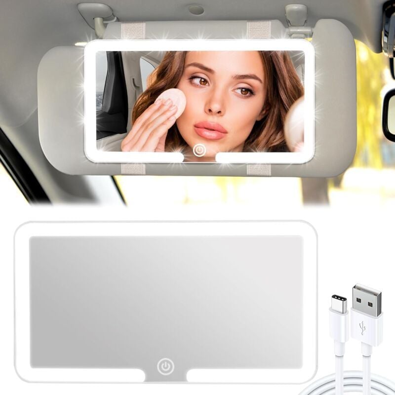 Auto-Sonnenblendenspiegel, Auto-Kosmetikspiegel mit 3 Beleuchtungsmodi, wiederaufladbarer Auto-Schminkspiegel für die Auto-Sonnenblende, tragbarer