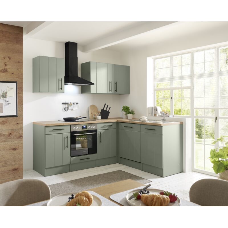 L Küche Einbau Winkelküche Landhaus Grün Anton 220 cm ohne Kühlschrank Respekta