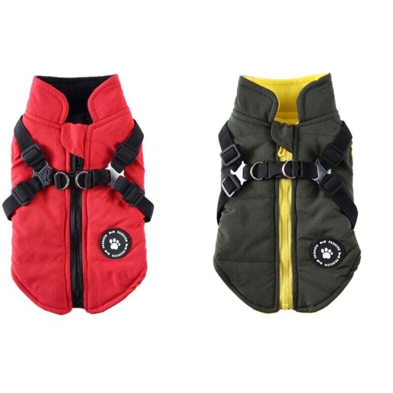 (L) Rot + Grün Hundemantel Jacke mit Geschirr für kleine und mittelgroße Hunde Wasserdichter Hundemantel Jacke Warm Gepolsterte Puffer Hundekleidung