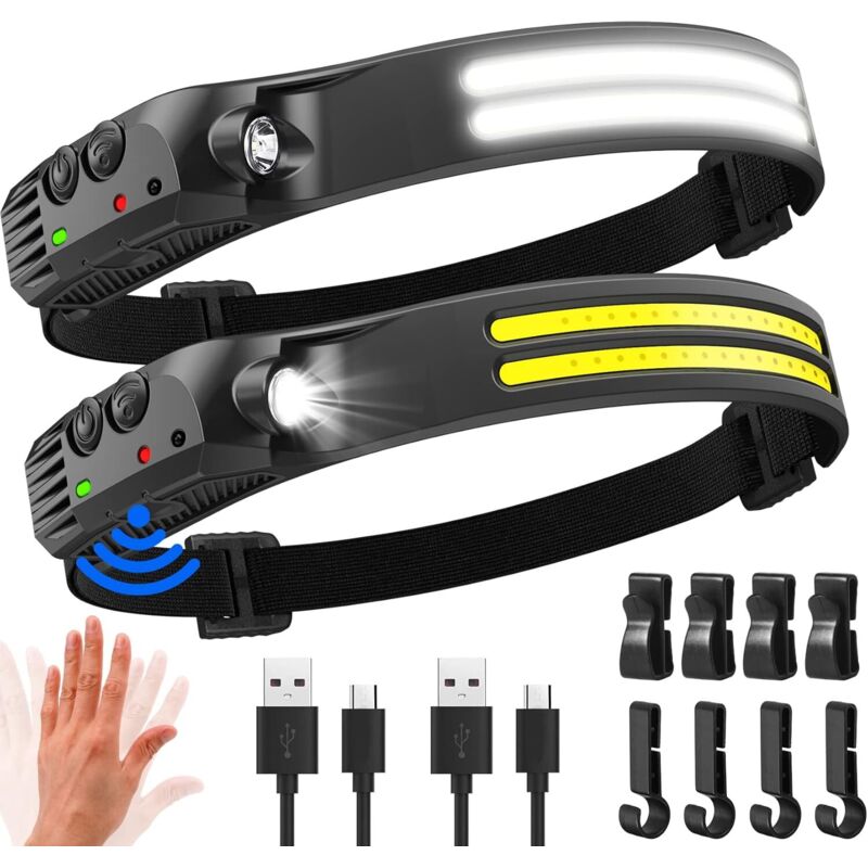 2 Stück ultrastarke LED-Stirnlampe, 2000 Lumen, 230° Beleuchtung, USB-aufladbare Stirnlampe, Bewegungssensor, IPX5 wasserdicht, zum Angeln, Camping,