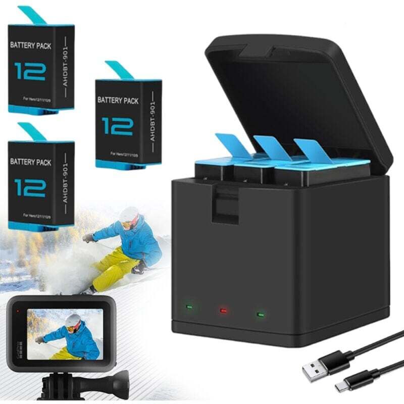 Ladegerät-Set für GoPro Hero 12, 11, 10, 9 Black – Ersatzakku und Ladegerät – Kompatibel mit allen Zubehörteilen