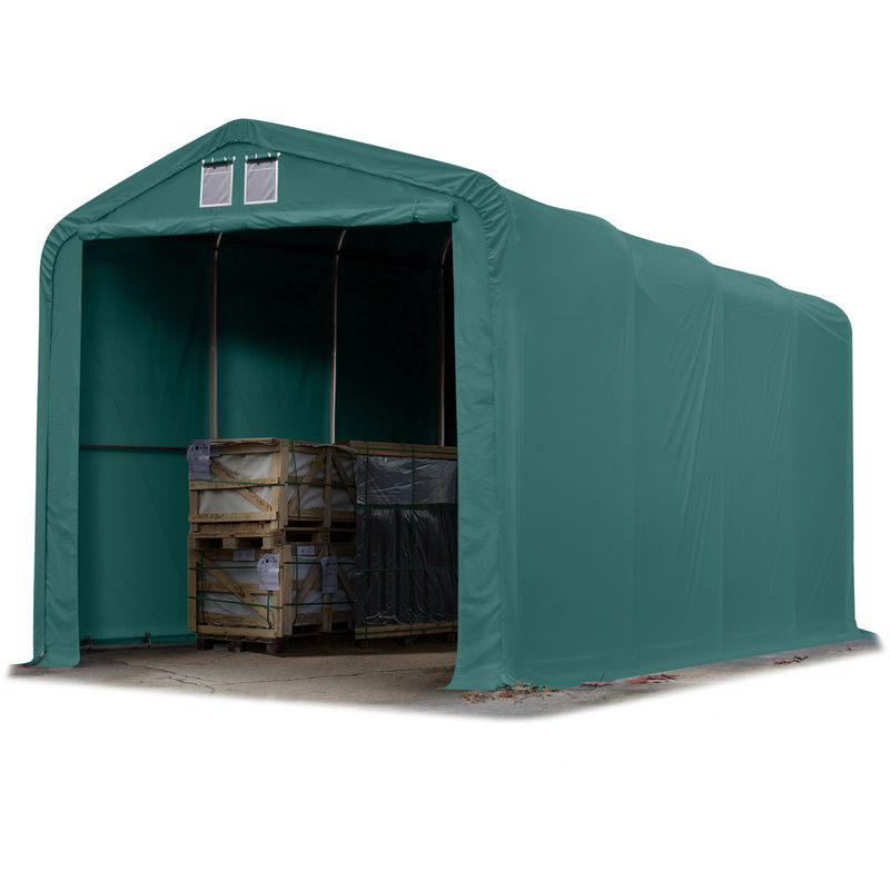 Toolport Standsichere Lagerhalle/Lagerzelt 4 x 8 m feuersichere PRIMEtex pvc Plane 2300 n Weidezelt dunkelgrün