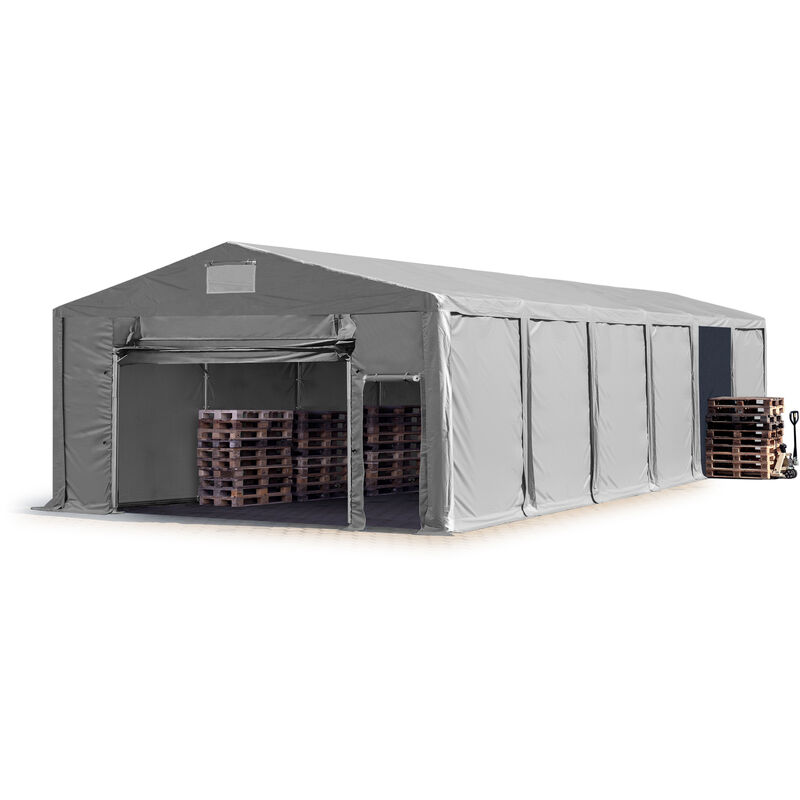Lagerzelt 8x12 m Zelthalle Industriezelt mit 3m Seitenhöhe PVC Plane 850 N grau 100% wasserdicht Ganzjahreszelt mit Hochziehtor