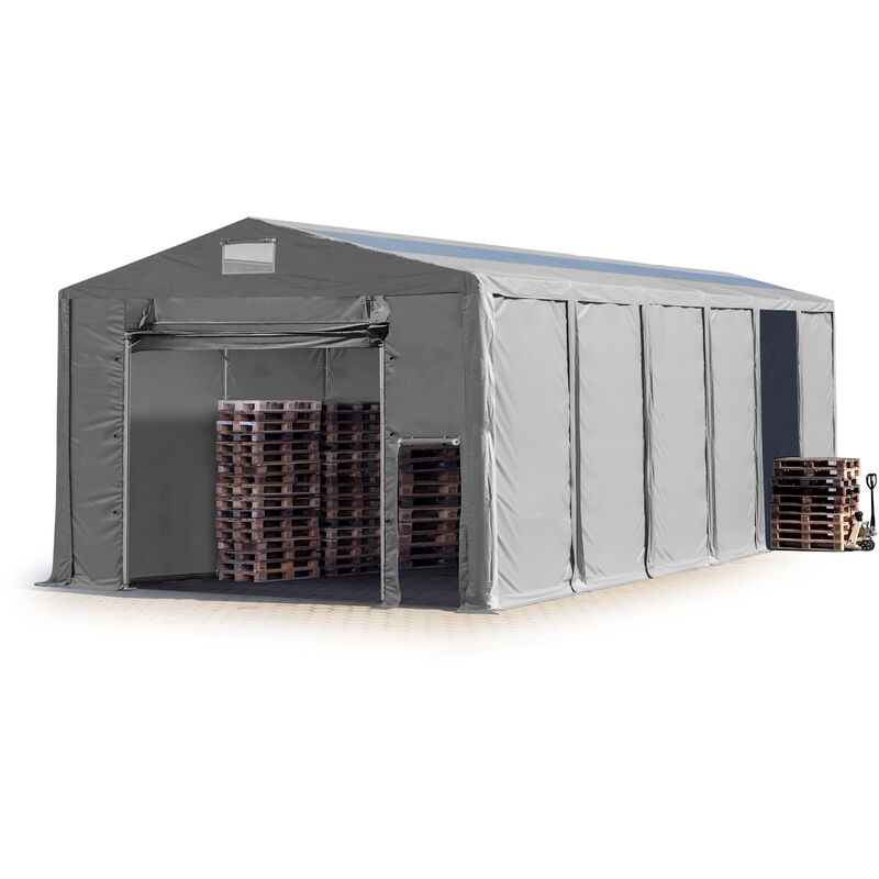 Lagerzelt 8x12 m Zelthalle Industriezelt mit Oberlicht 3,6m Seitenhöhe pvc Plane 850 n grau 100% wasserdicht mit Hochziehtor