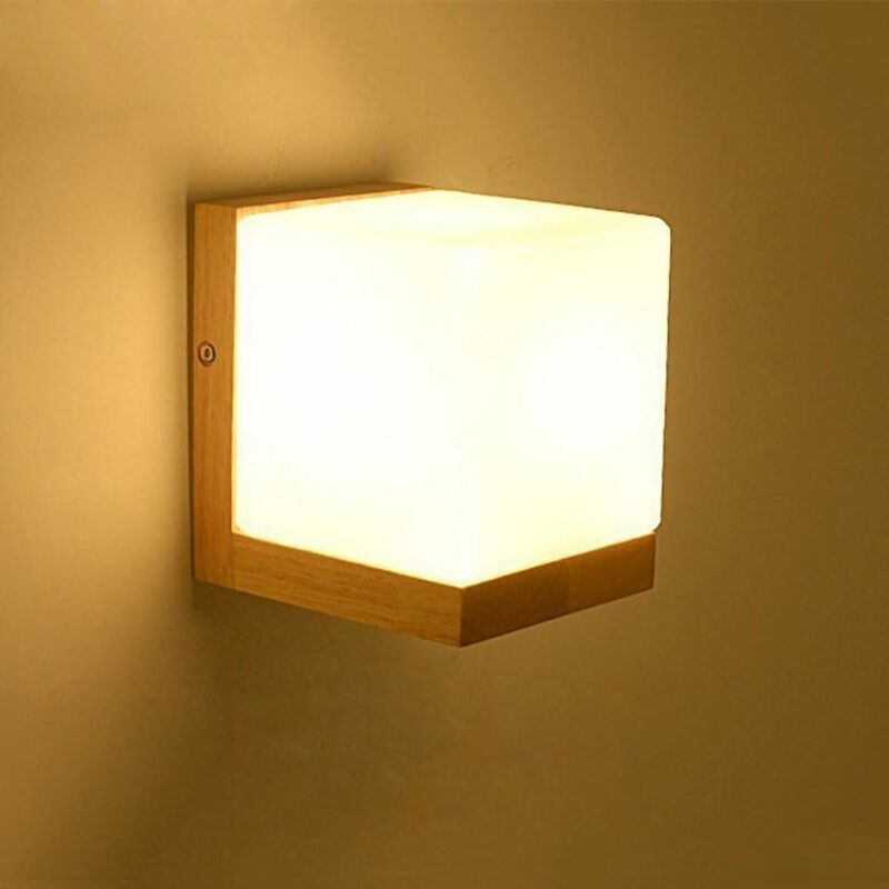 Lampada da parete moderna e semplice in vetro bianco, stile giapponese, creativa, applique da parete a cubo in legno Edison E27, decorazione moderna