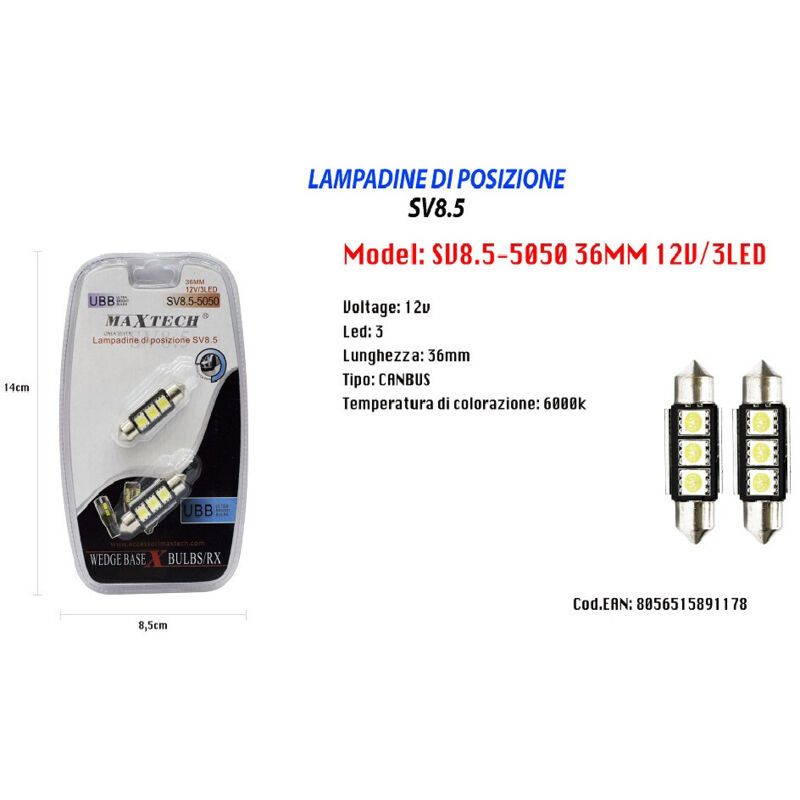 Maxtech - Trade Shop SV8.5-5050 12V 3LED 36MM positionslampen ultrahelle lampen -