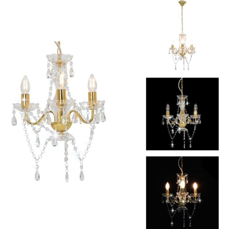 Kronleuchter mit Perlen Goldfarben Rund 3×E14 - Kronleuchter - Pendelleuchte - Wohnzimmer Deko - LED Lampe - Goldener Kronleuchter