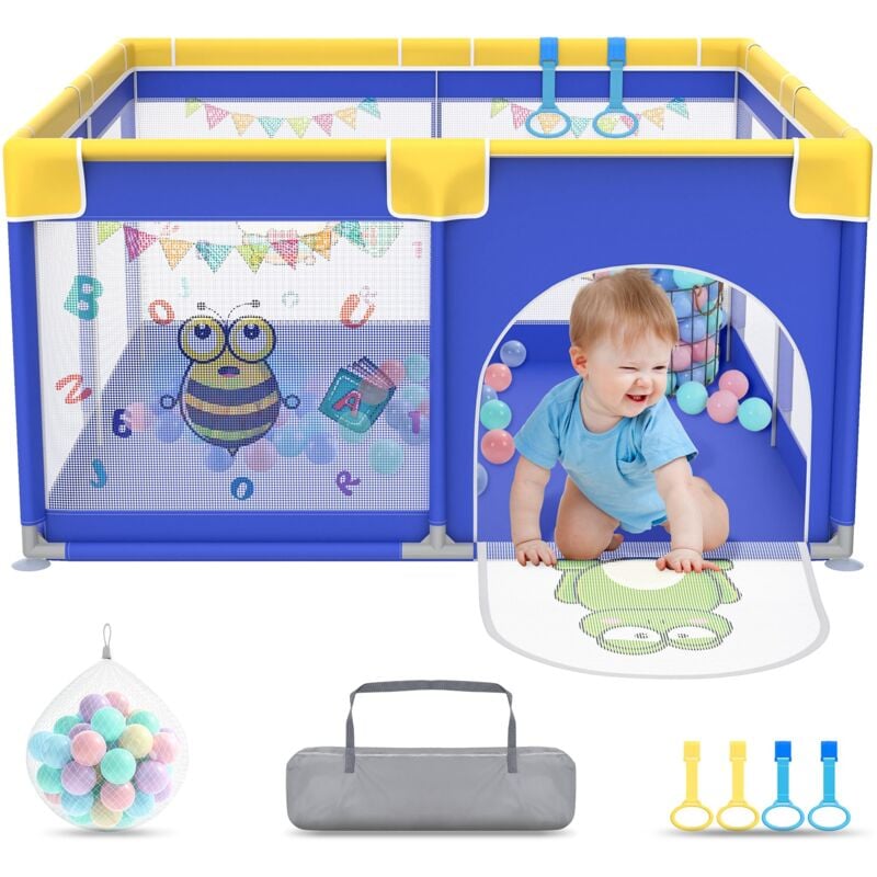 Laufstall Baby Laufgitter Baby 127x127cm Baby Playpen mit 50 Spielbällen, 1 Krabbelgitter und 4 Zugringen Kinder Tragbarer Laufstall Kleines