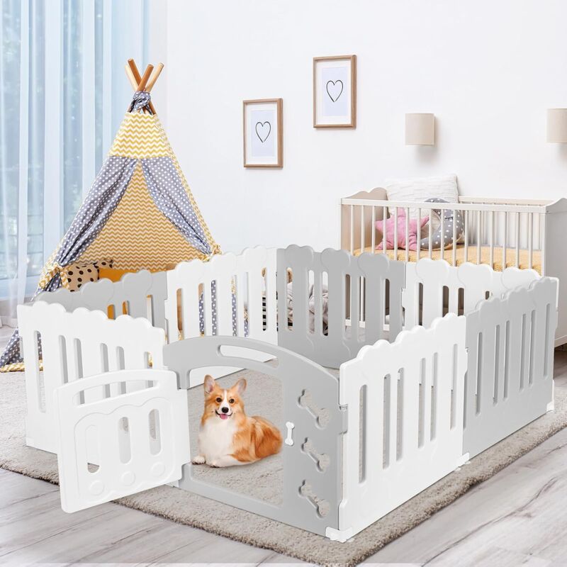 Laufstall für Hunde aus Kunststoff, 60 cm hoch, 7+1 PCS-Paneele, Katzen- und Kaninchengehege, faltbar, (Grau-Weiß)