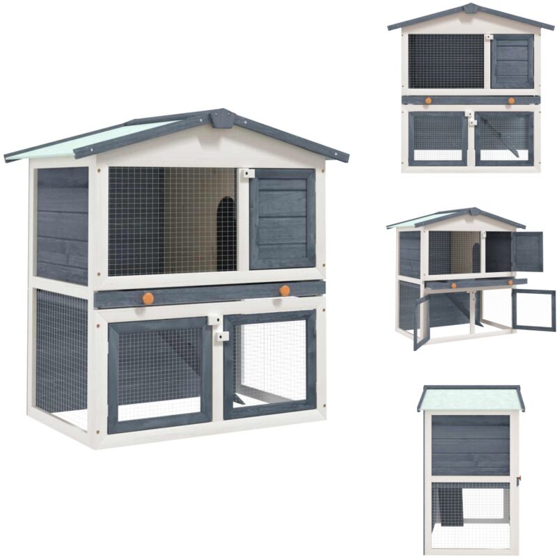 Kaninchenstall 3 Türen Grau Holz - Kaninchenhaus - Kaninchendrahtgehege - Tierheim - Kleintiere - Außenhaltung
