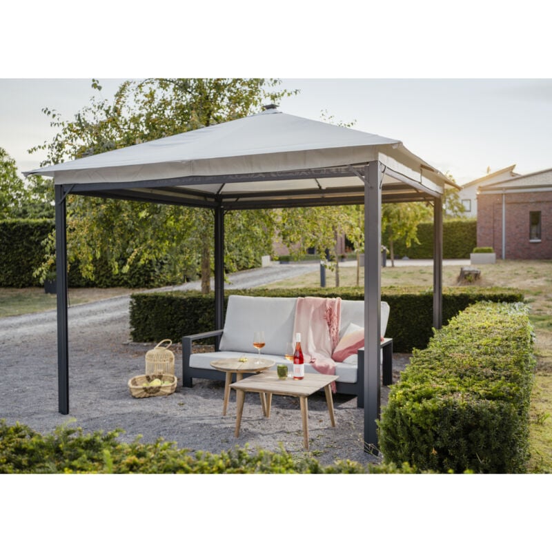 Solar-Pavillon 'Lina' mit LED-Beleuchtung und Gittergewebe-Rollos, lichtgrau, 300 x 300 x 261 cm (l x b x h) - Leco