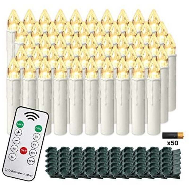 LED Kerzen 50er Weihnachtskerzen Kabellos Warmweiß Weihnachtscandle mit timerfunktioner Fernbedienung Weinachten Kerzen IP44 LED Candle mit Clip, für