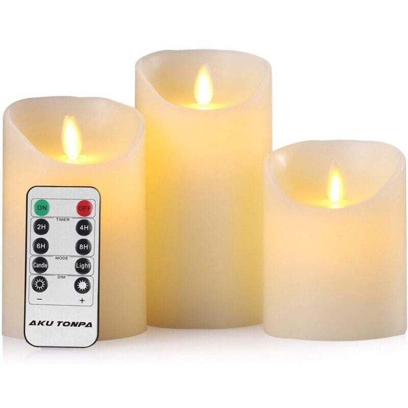 LED-Kerzen-Set mit 3 flammenlosen, batteriebetriebenen LED-Kerzen aus echtem Wachs mit beweglichem Docht und Fernbedienung - 24-Stunden-Timer (B x H: