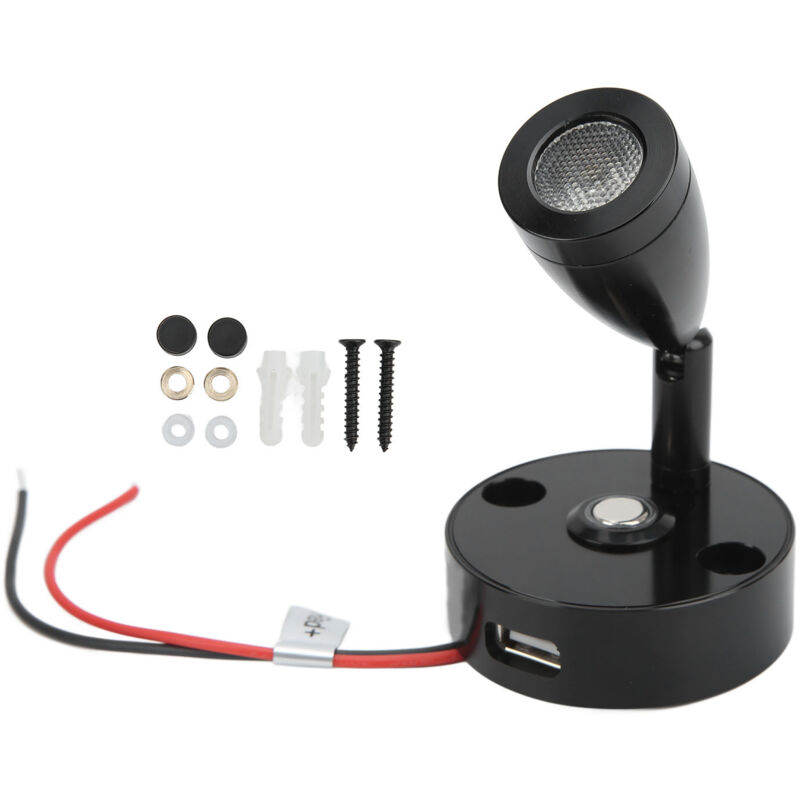 LED-Leseleuchte für Wohnmobile, Touch-Dimmer, 3 Lichtfarben, mit USB-Ladeanschluss, 12–24 V, 3 W, für Wohnmobile, Wohnwagen und Yachten, schwarzes
