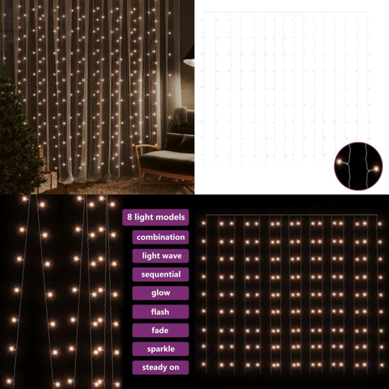 LED-Lichtervorhang 3x3 m 300 led Warmweiß 8 Funktionen - LED-Vorhang - Lichterketten - Weihnachtsdeko - Indoor Beleuchtung - Outdoor Beleuchtung