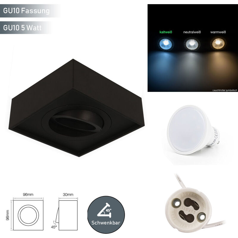 Led Line - Deckenleuchte cubo midi Aufbaustrahler Lampe Unterputz Leuchte Strahler Schwenkbar 45° Eckig Schwarz aus Aluminium mit Fassung GU10 5W