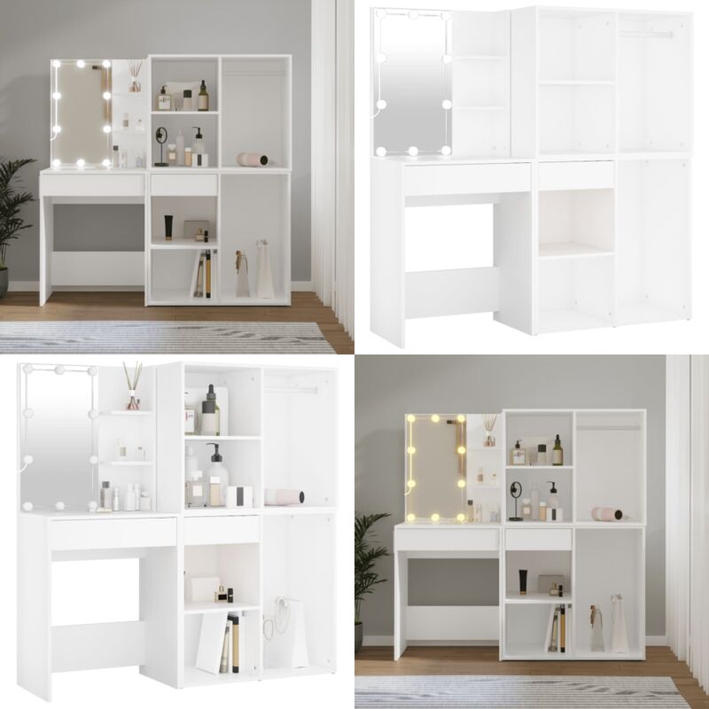LED-Schminktisch mit 2 Schränken Weiß Holzwerkstoff - LED-Schminktisch - Schminktisch Weiß - Kosmetikschreibtisch - Badezimmermöbel - Makeup Tisch
