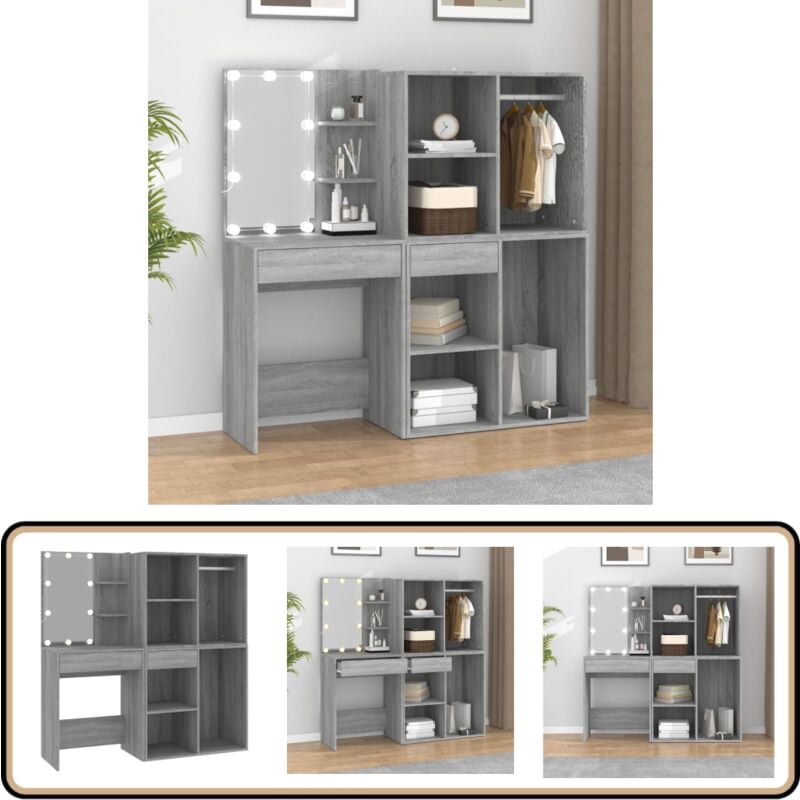 Vidaxl - LED-Schminktisch mit Schränken Grau Sonoma Holzwerkstoff - LED-Schminktisch - Schminktisch Mit Schubladen - Kosmetiktisch - Badezimmermöbel