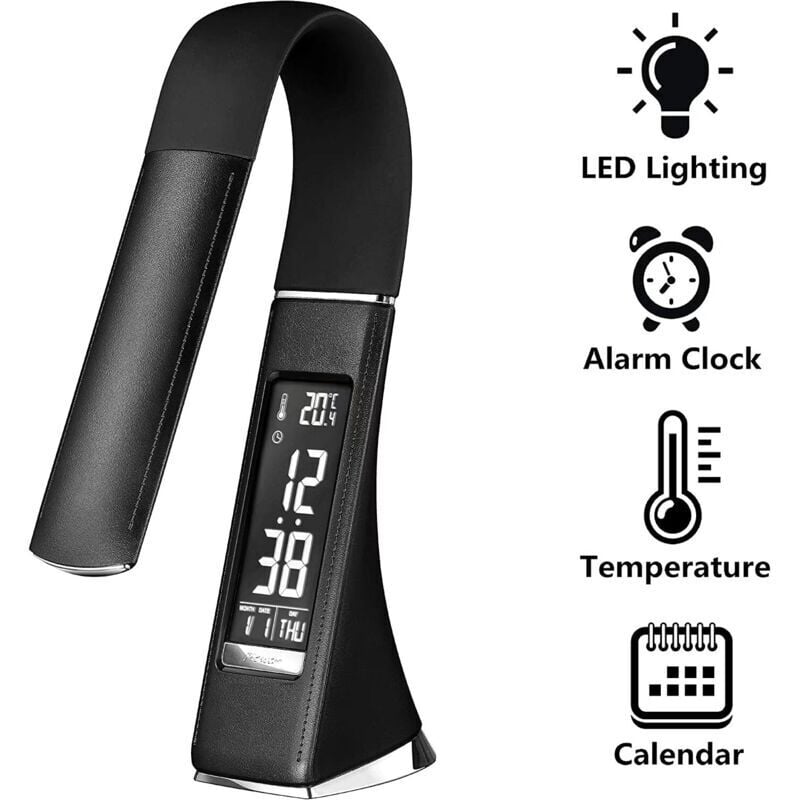 LED-Schreibtischlampe U2 5W, dimmbarer Bildschirm, Tischlampe mit Wecker, Kalender, Uhr- und Temperaturanzeige, Nachttischlampe mit 3 dimmbaren