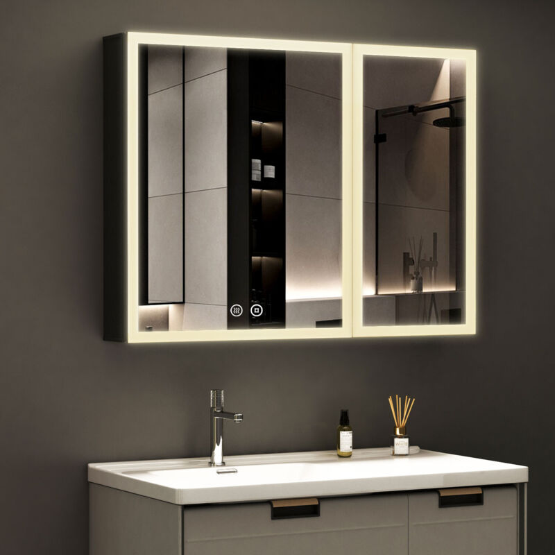 LED Spiegelschrank Bad mit Beleuchtung 80 x 60 cm, Spiegelschrank Bad-Hängeschränke Medizinschrank mit Touch-Schalter, 3 Einstellbare Lichtfarben,
