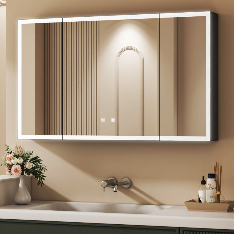 3 Türen Spiegelschrank Bad mit Beleuchtung Schwarz Badezimmer Spiegelschrank mit Beleuchtung LED Badezimmerschrank mit Dimmbar, Beschlagfrei,