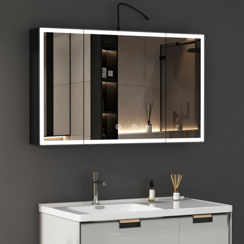 3 Türen Spiegelschrank Bad mit Beleuchtung 90x60cm Schwarz Spiegelschrank mit Beleuchtung LED Badezimmerschrank mit 3 Lichtfarben Dimmbar, Anti-fog,