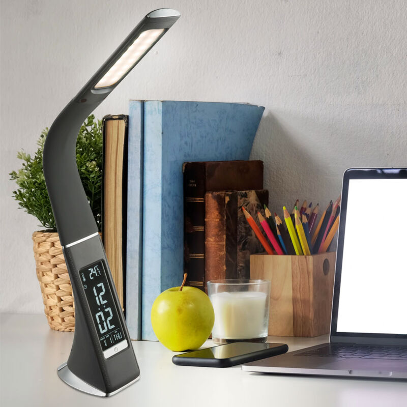 Led Tischleuchte mit Uhr Schreibtischlampe Nachttischleuchte flexible Leselampe Tischlampe dimmbar, Kalender Wecker Thermometer, 6,5W 260lm