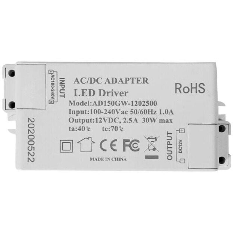 LED-Transformator/Netzteil – 30 W, 12 V DC, 2,5 A Konstantspannung für LED-Streifen und G4-, MR11-, MR16-LED-Lampen