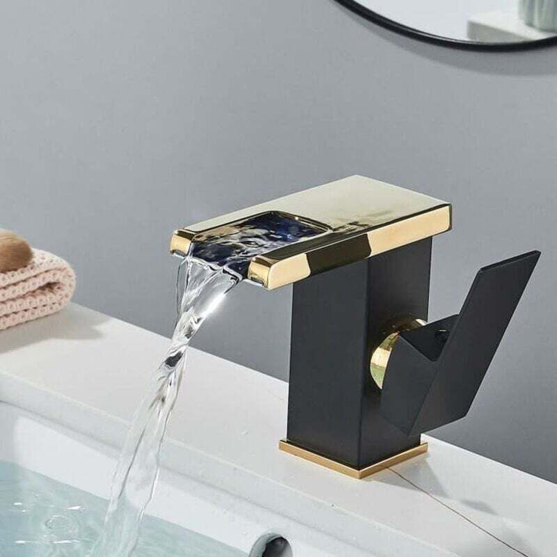 LED-Wasserfall-Waschtischarmatur - Schwarz-Gold-Badezimmerarmatur - Gold-Waschtischmischer - Vintage-Wasserhahn - Messing mumu