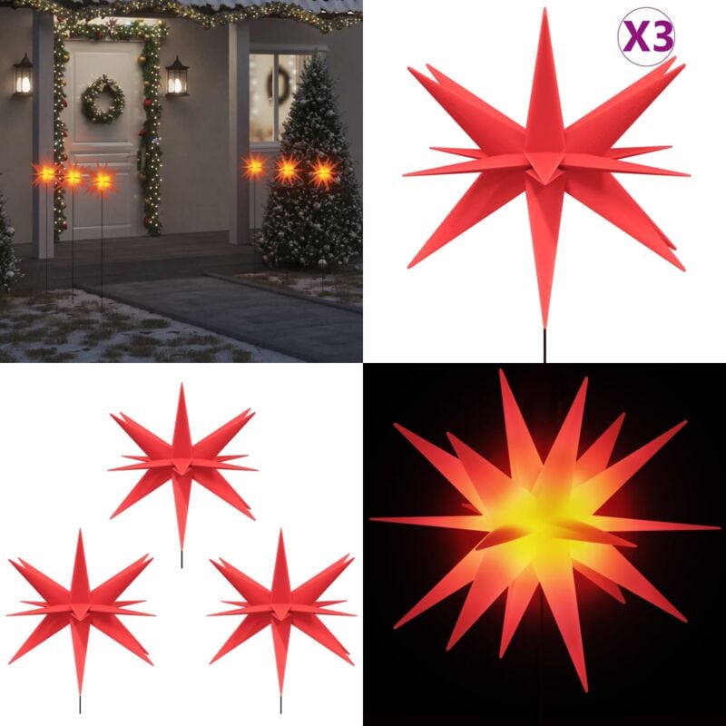 LED-Weihnachtssterne 3 Stk. mit Erdspießen Faltbar Rot 35 cm - LED Sterne - Weihnachtsdeko - Lichterkette - Outdoor Beleuchtung - Indoor Beleuchtung