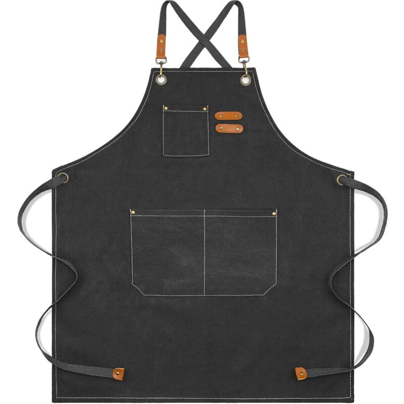 Leinen-Schürze, Arbeitsschürze, Grill-Schürze mit 3 Taschen, Kochschürze für Herren und Damen, für Grill, Restaurant, Garten, Café