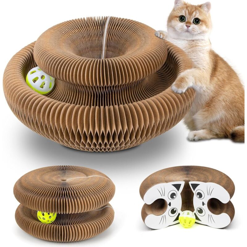 Katzenkratzbaum aus Pappe – Faltbarer Kratzbaum in verschiedenen Formen, interaktives Spielzeug mit Glöckchen zum Herausnehmen, fördert den