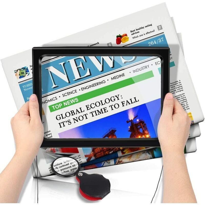 Leselupe mit LED-Licht, 3-fache Vergrößerung, A4, rechteckig, beleuchtete Lupe mit Ständer, Vergrößerungslampe für Bücher, Schmuck, Senioren,