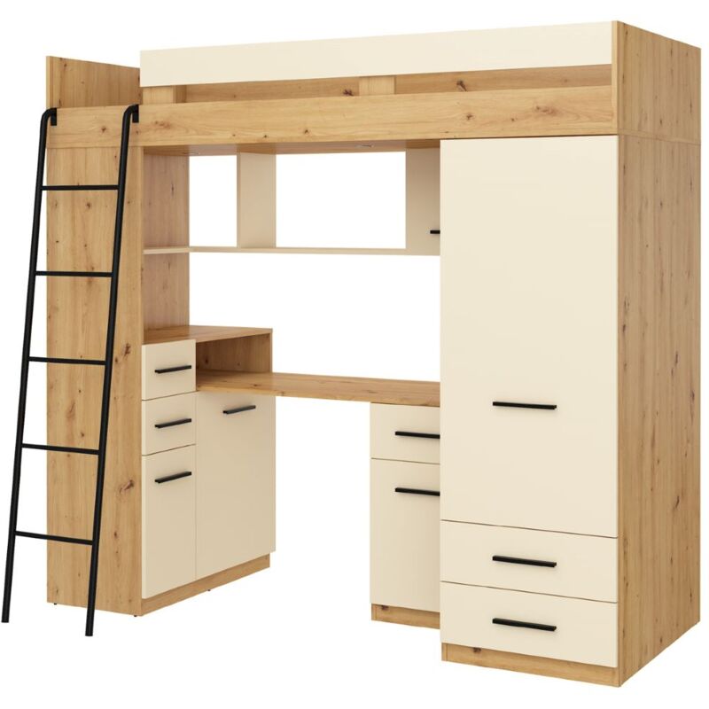Bim Furniture - Hochbett mit Schreibtisch smyk l cm110x204x188h Eiche dunkel Creme