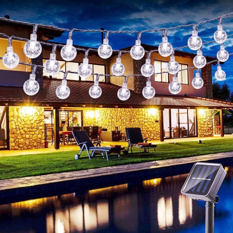 Lichterkette, 6,5 m, 30 LEDs, Solar-Lichterkette, für den Außenbereich, Kugel-Solarleuchten, 8 Modi, wasserdichte Außendekoration – Kaltweiß