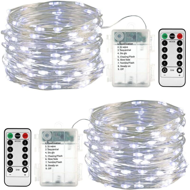 Lichterkette Außen Batterie - 2 Stück 100 LED Silberdraht Micro Lichterkette Wasserdicht 10M Lichterkette Weihnachtsbaum Weiß mit Fernbedienung für