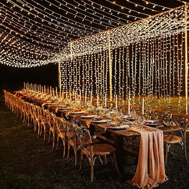 Lichterkette für draußen, 6 x 3 m, 600 LED-Lichtervorhang, 8 Modi, wasserdichte elektrische Weihnachtslichterkette, Lichterkette für Fenster (warme