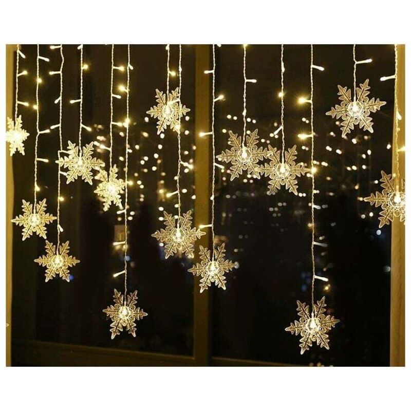 Lichterkette, Lichtervorhang, 4 m lange Lichterkette mit 96 LEDs in Schneeflockenform, 8 Leuchtmodi, Fensterdekoration, Weihnachten, Hochzeit,