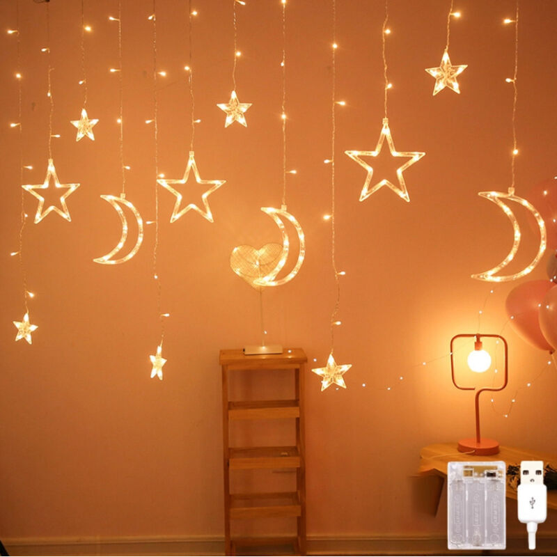 Lichterkette mit Sternen- und Mondmotiven, 3,5 m lange LED-Weihnachtsbeleuchtung, Weihnachtsdekoration, Lichterkette