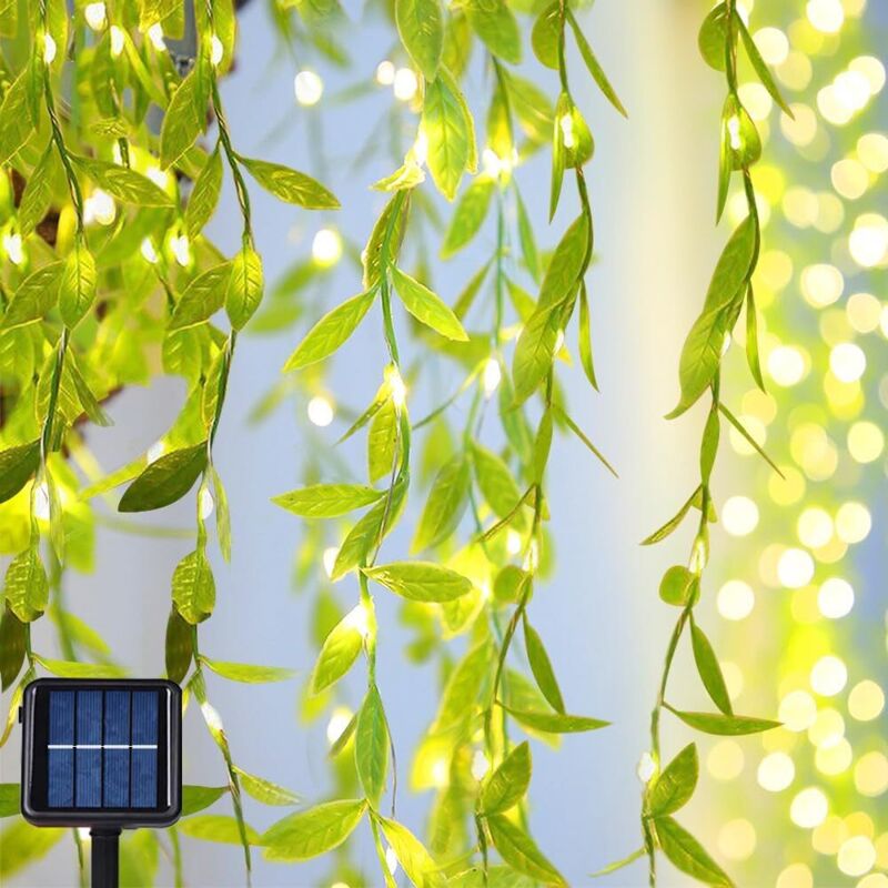 Lichterkette mit Weidenblatt-Motiv für den Außenbereich, 10 m, 100 LEDs, 8 Lichtmodi, Solar-Lichterkette mit Weidenblatt-Design, für Hochzeiten,