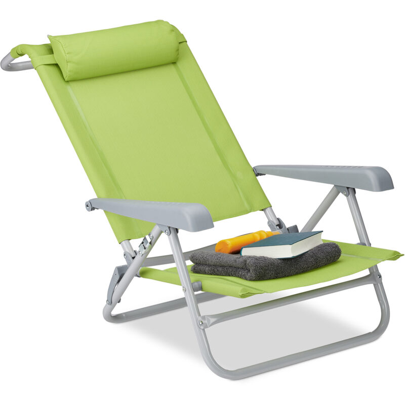 Liegestuhl klappbar, Nackenkissen, Flaschenöffner, 8-stufig verstellbar, bis 120 kg, Kunststoff, Stahl, grün - Relaxdays