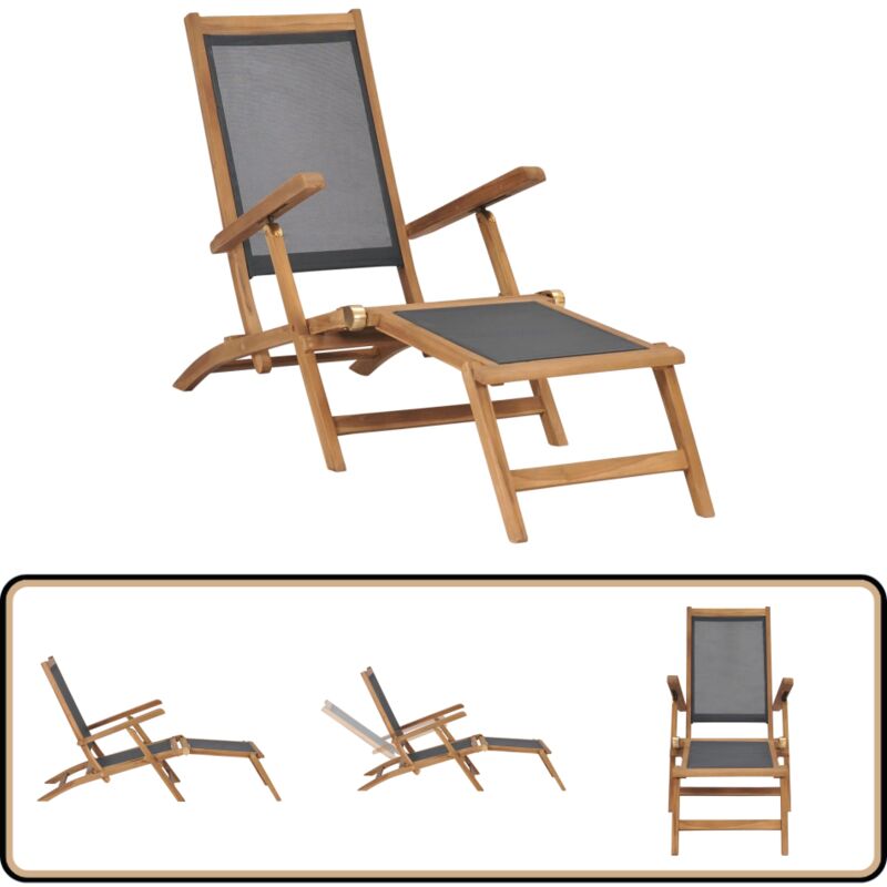 Liegestuhl mit Fußteil Massivholz Teak Schwarz - Teakholzmöbel - Gartenliege - Sonnenliege - Liege - Outdoormöbel