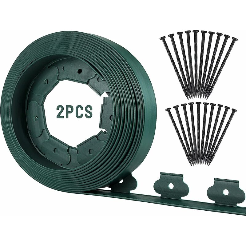 Flexible Rasenkante,Flexible Beeteinfassung, Rasenkante, mit 72 Erdankern, Länge 2 x 10 m, Höhe 5 cm, Beeteinfassung, Gartenzaun, grüne Mähkante